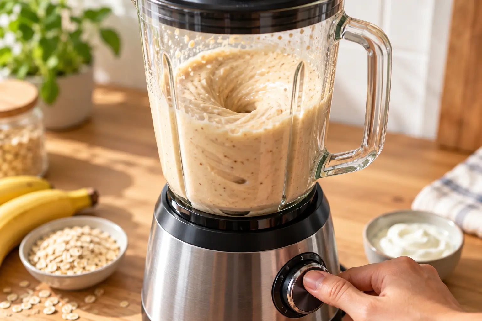 Blender en action avec le mélange crémeux du smoothie vanille-amande