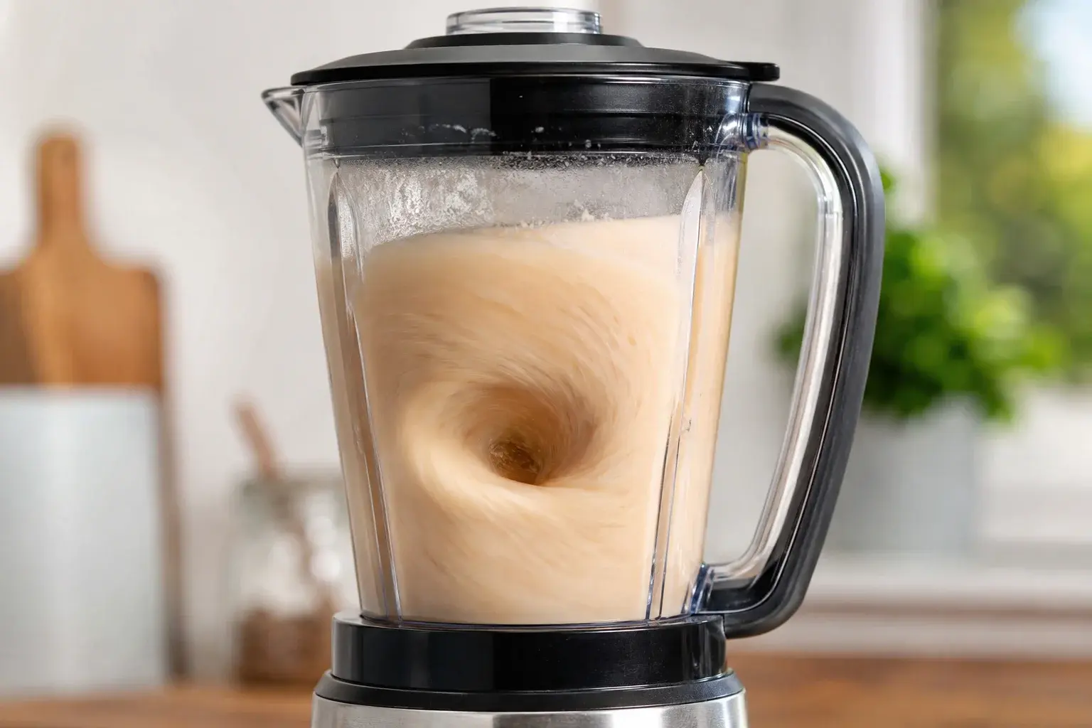 Blender en marche avec smoothie beige clair en train de tourbillonner derrière le bol transparent, texture crémeuse et mouvement visible