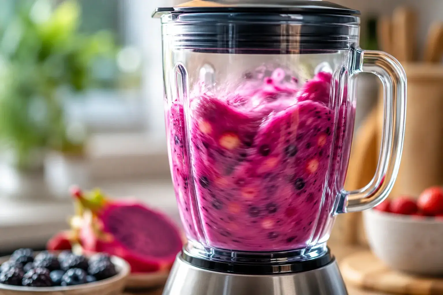 Blender en marche avec smoothie rose-violet en train de tourbillonner derrière le verre transparent, mouvement visible des fruits qui se mixent