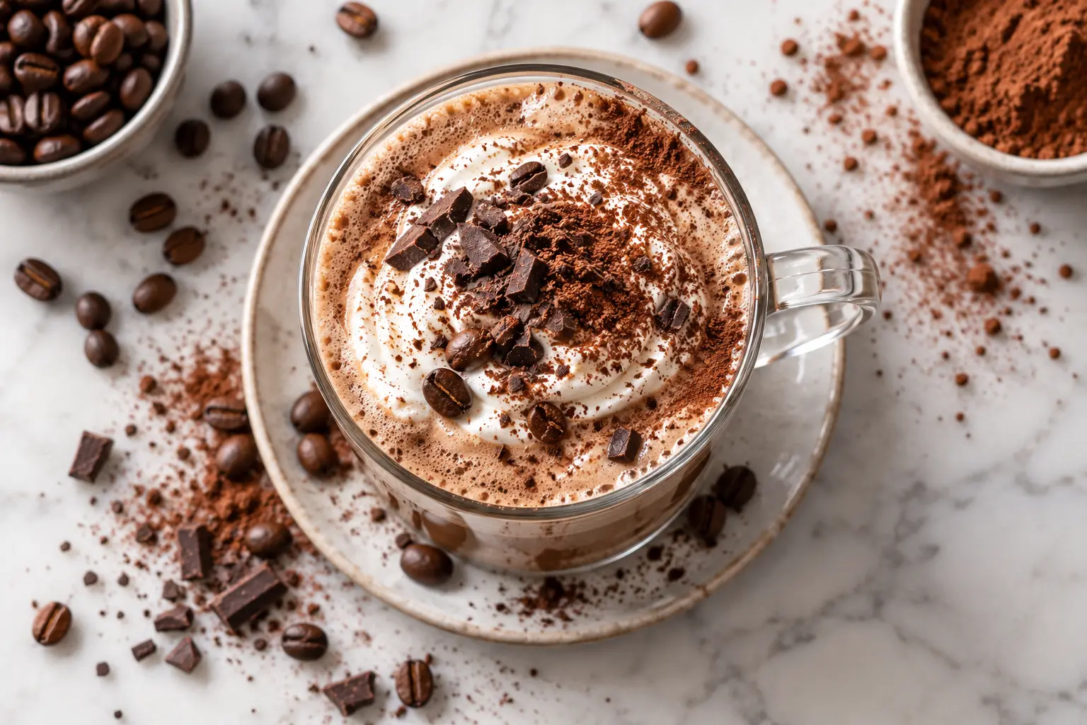 Mocha protéiné vu du dessus montrant la mousse chocolatée et une touche de cacao en poudre