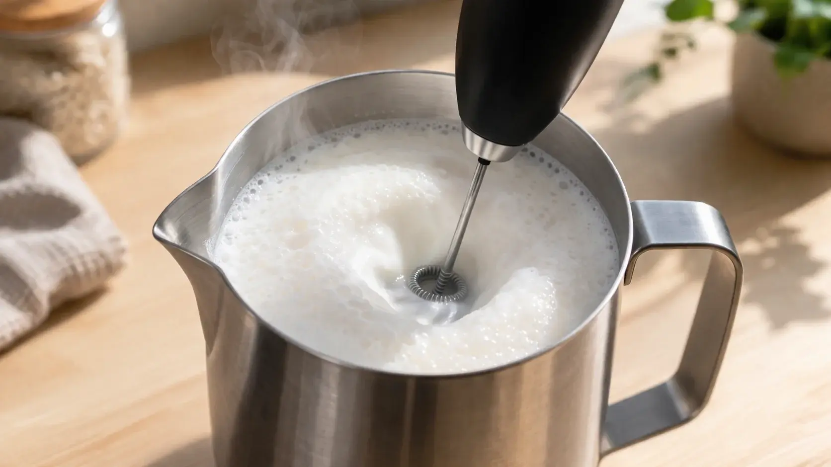 Mousseur à lait électrique en pleine action dans un pichet de lait protéiné chaud, épaisse mousse blanche et crémeuse se formant en surface, vapeur légère visible