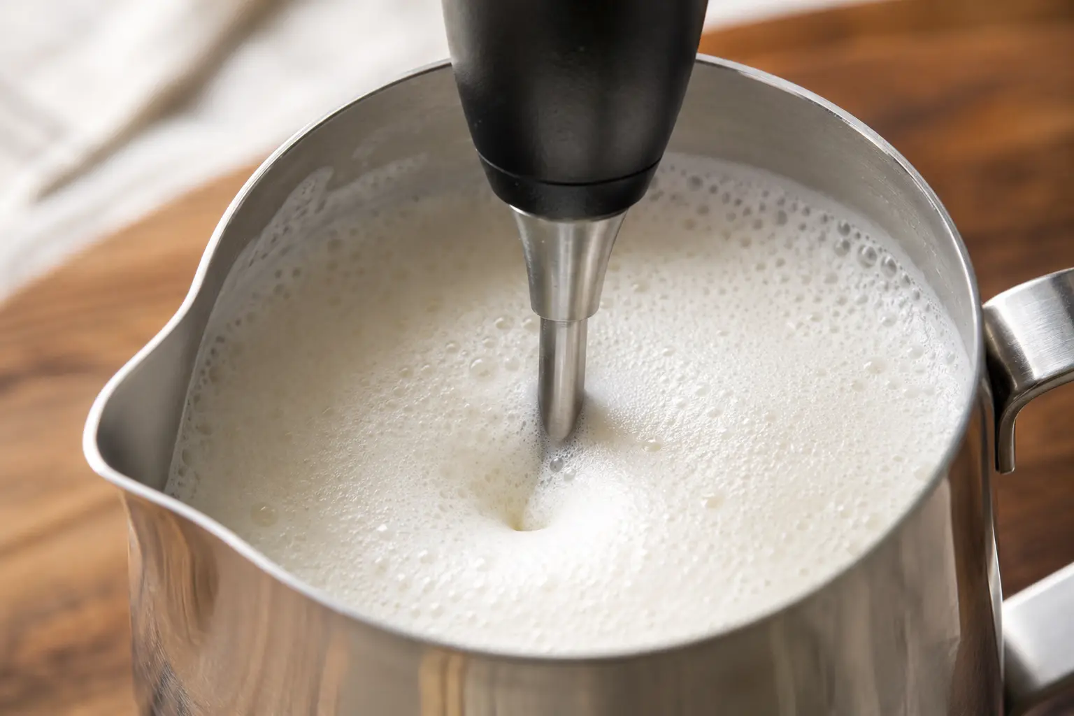 Mousseur à lait électrique créant une mousse onctueuse dans le pichet de lait protéiné
