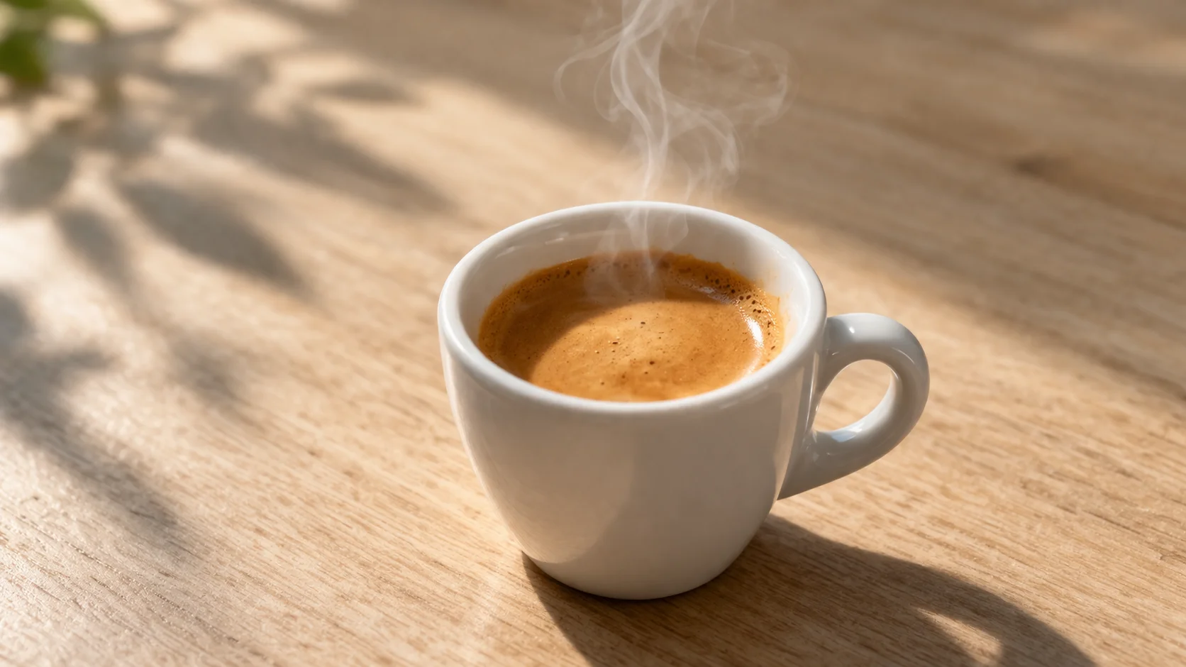 Tasse d'espresso posée sur un plan de travail en bois clair, vapeur légère visible