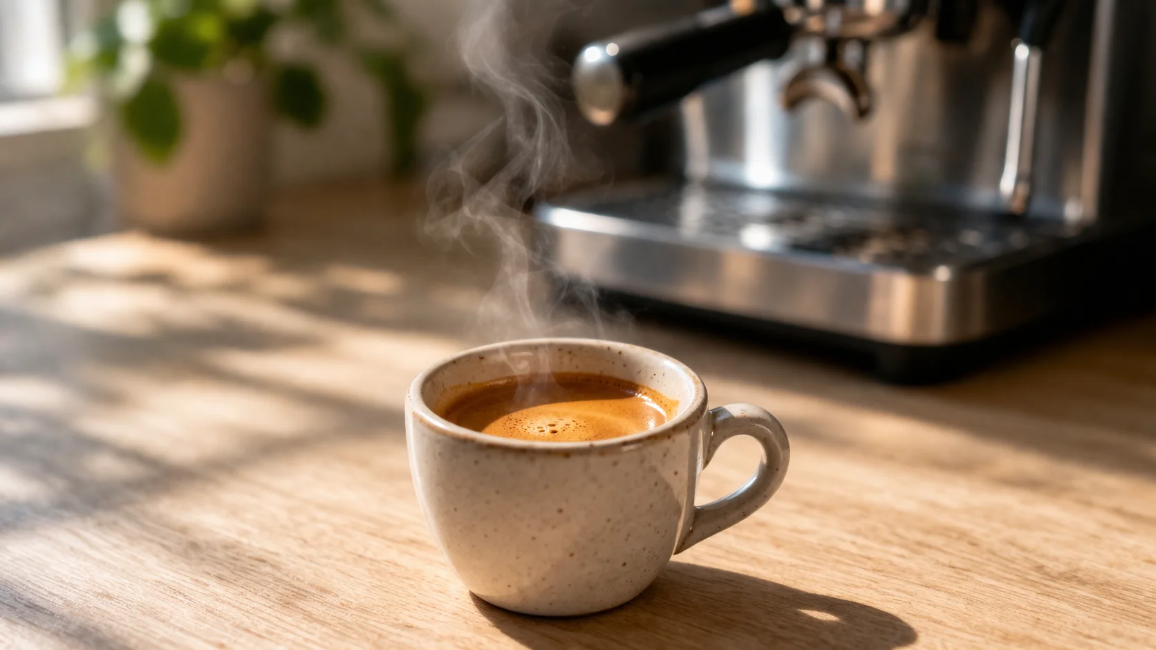 Double espresso dans une tasse posée sur un plan de travail en bois, en train de refroidir