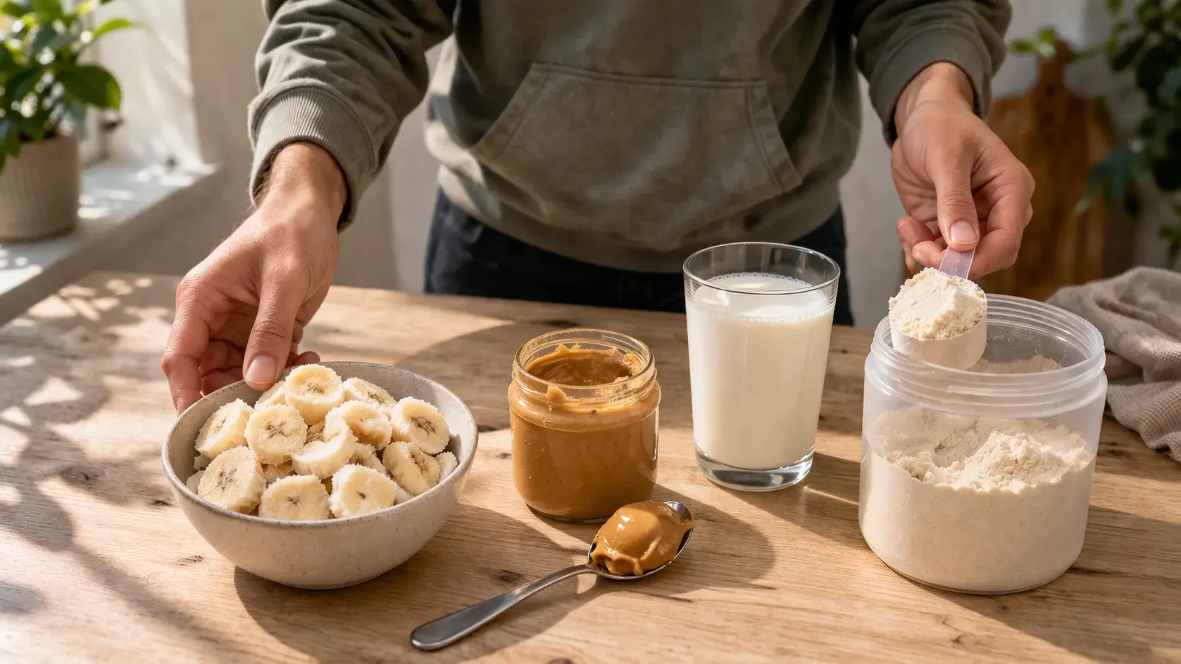 Ingrédients du smoothie alignés sur un plan de travail en bois clair : banane congelée en rondelles, pot de beurre de cacahuète, verre de lait et sachet de whey vanille