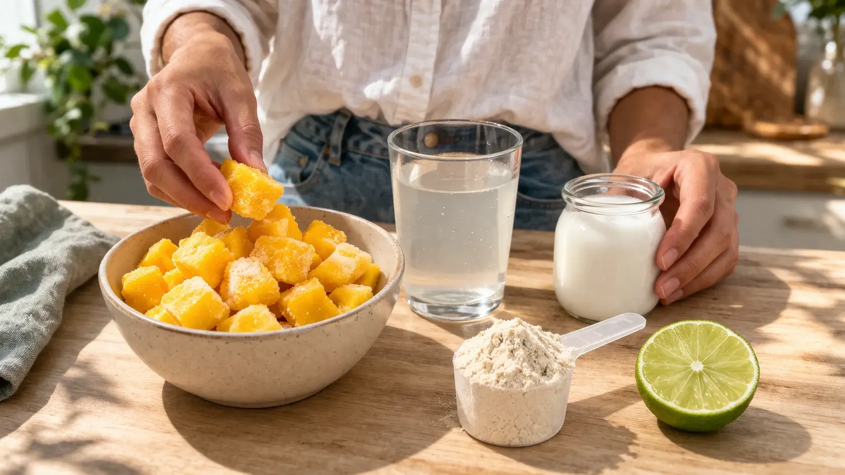 Ingrédients du smoothie mangue-coco disposés sur un plan de travail en bois clair : dés de mangue congelée, verre d'eau de coco, petit pot de lait de coco, dose de whey et demi citron vert