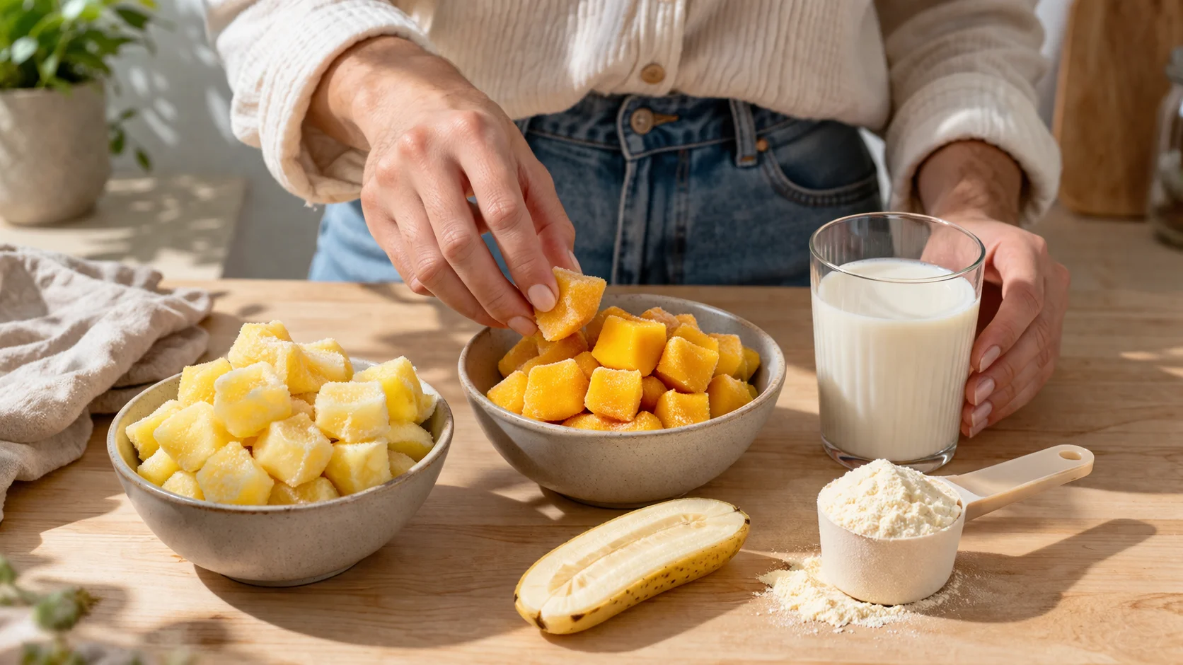 Ingrédients du smoothie tropical disposés sur un plan de travail en bois clair : dés d'ananas et de mangue congelés dans des bols, une demi banane, un verre de lait d'amande et une dose de whey vanille
