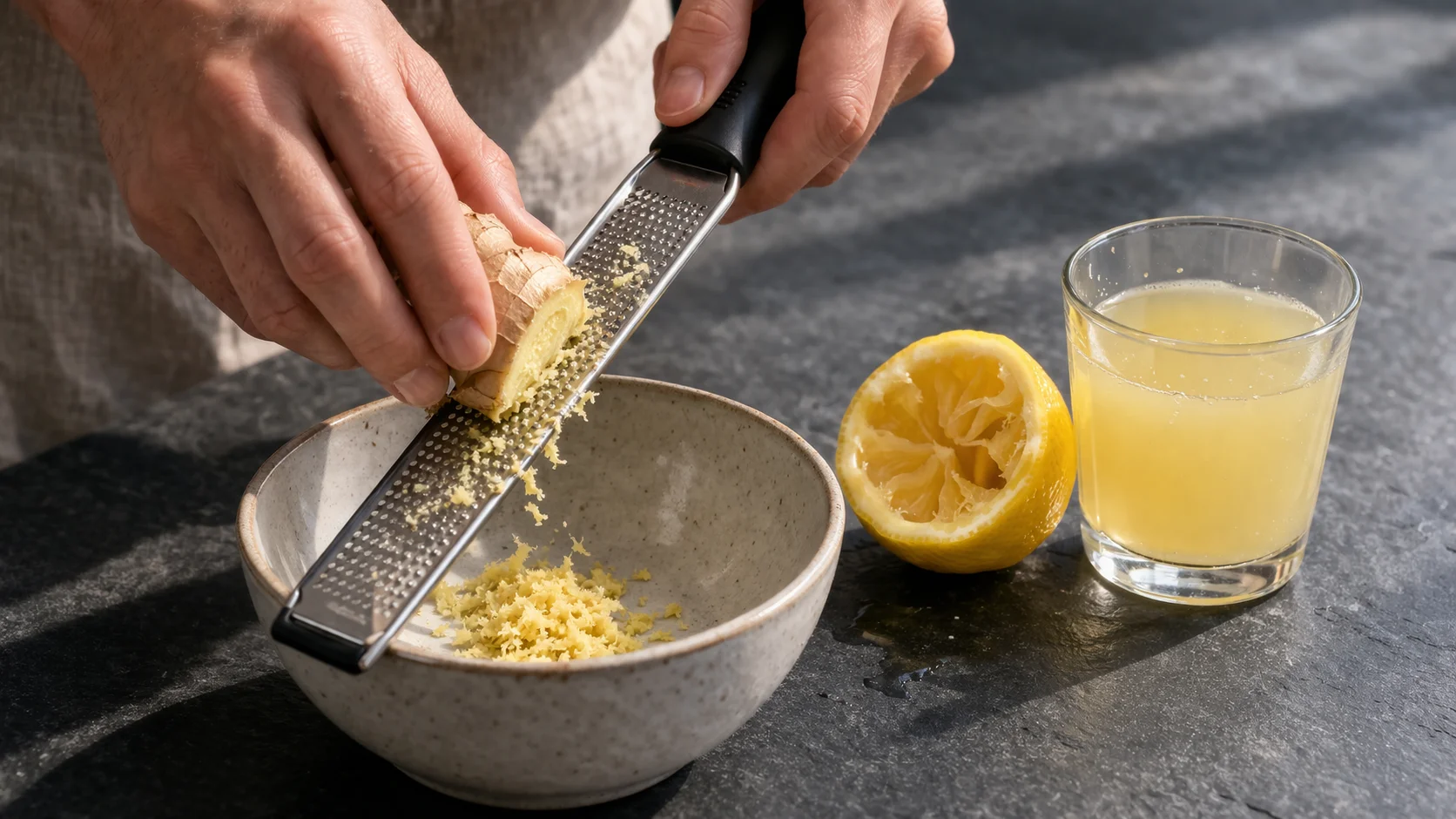 Mains râpant du gingembre frais à côté d'un citron pressé et d'un verre de jus jaune sur fond d'ardoise, lumière naturelle