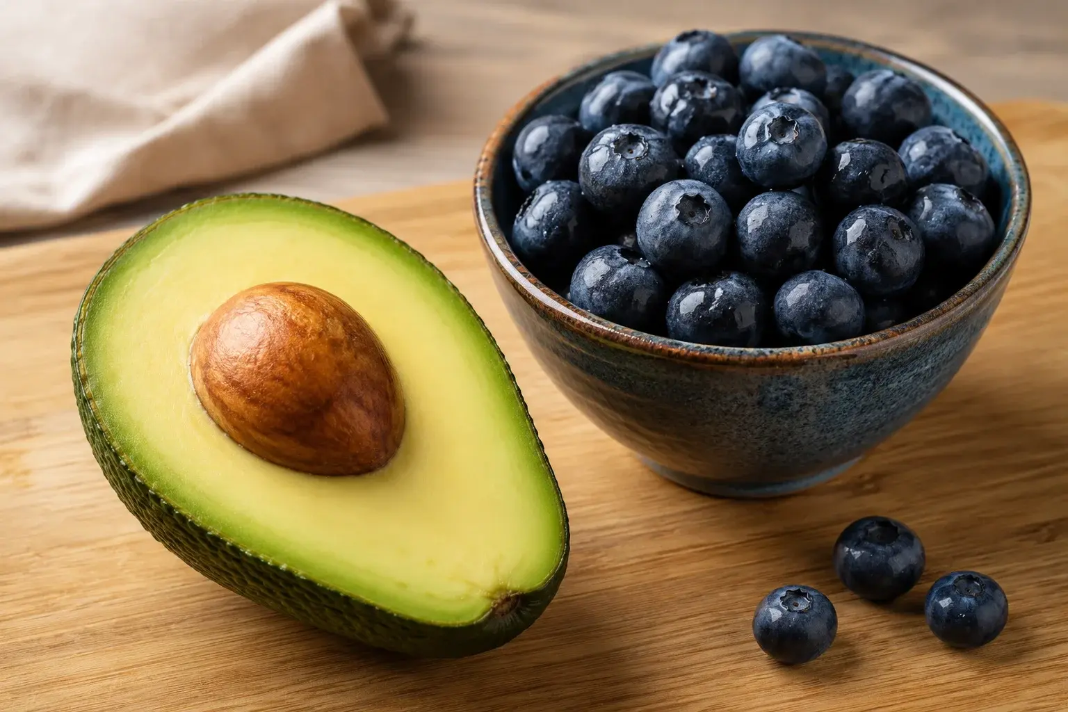 Demi-avocat vert ouvert montrant sa chair tendre à côté d'un bol de myrtilles bleu foncé brillantes sur une planche en bois claire