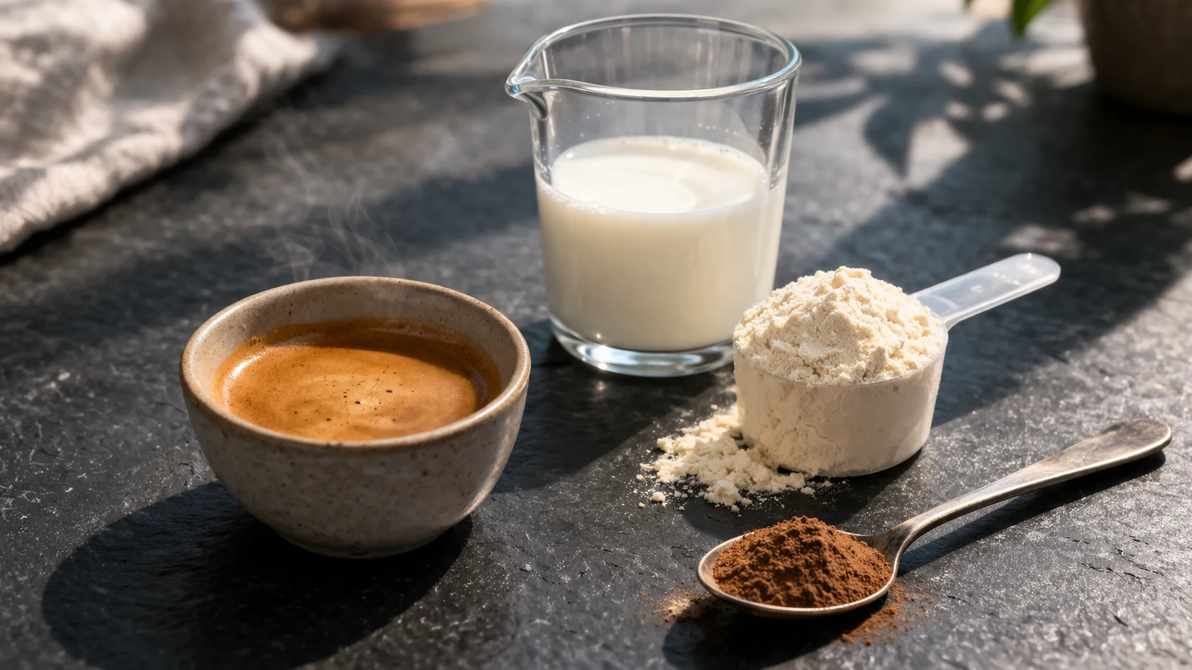 Double espresso refroidissant dans un bol à côté des ingrédients mesurés pour la boisson café-guarana