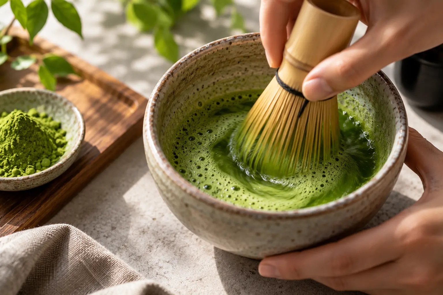 Poudre de matcha tamisée dans un bol avec un fouet à matcha