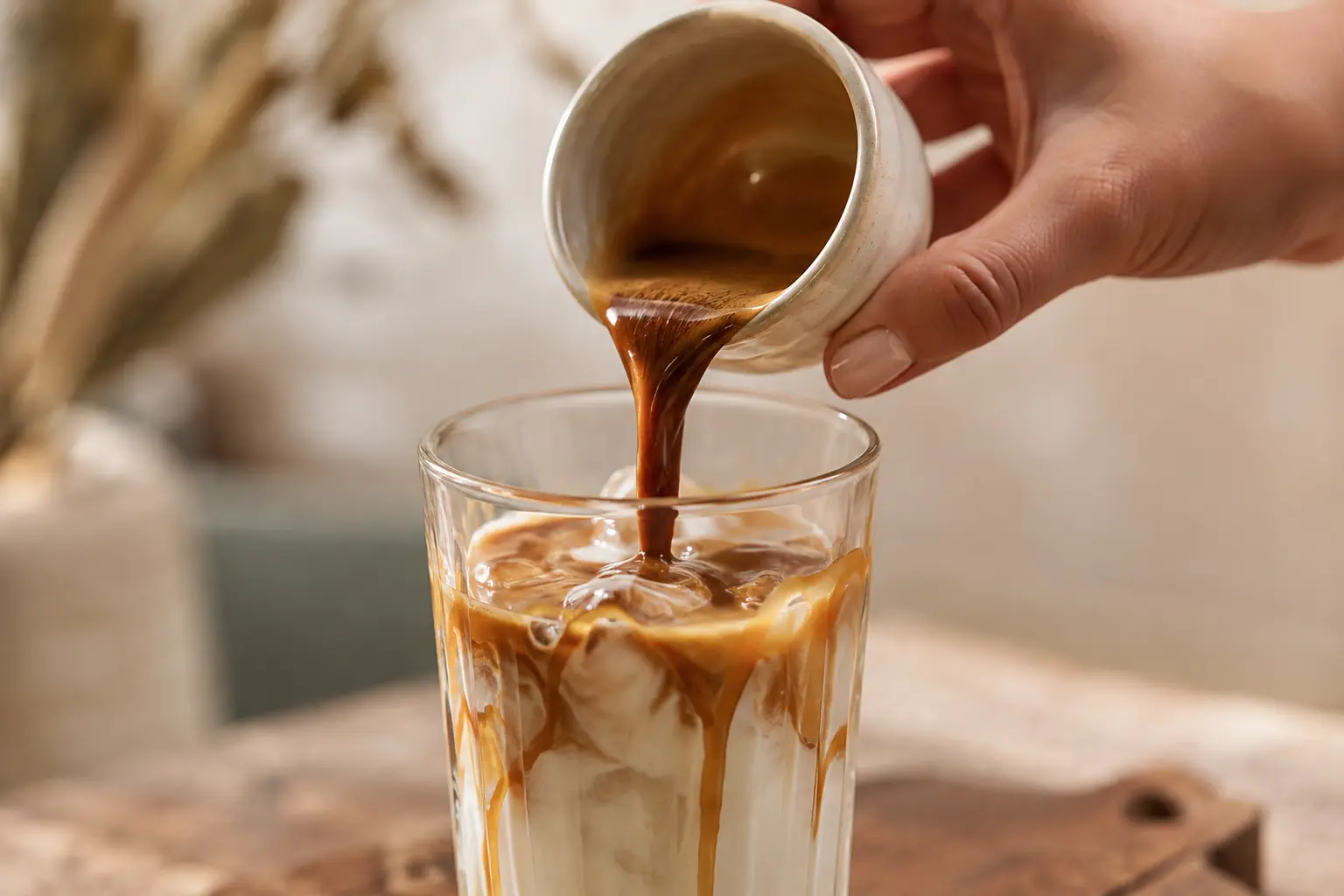 Double espresso versé dans un grand verre avec ajout de sirop de caramel