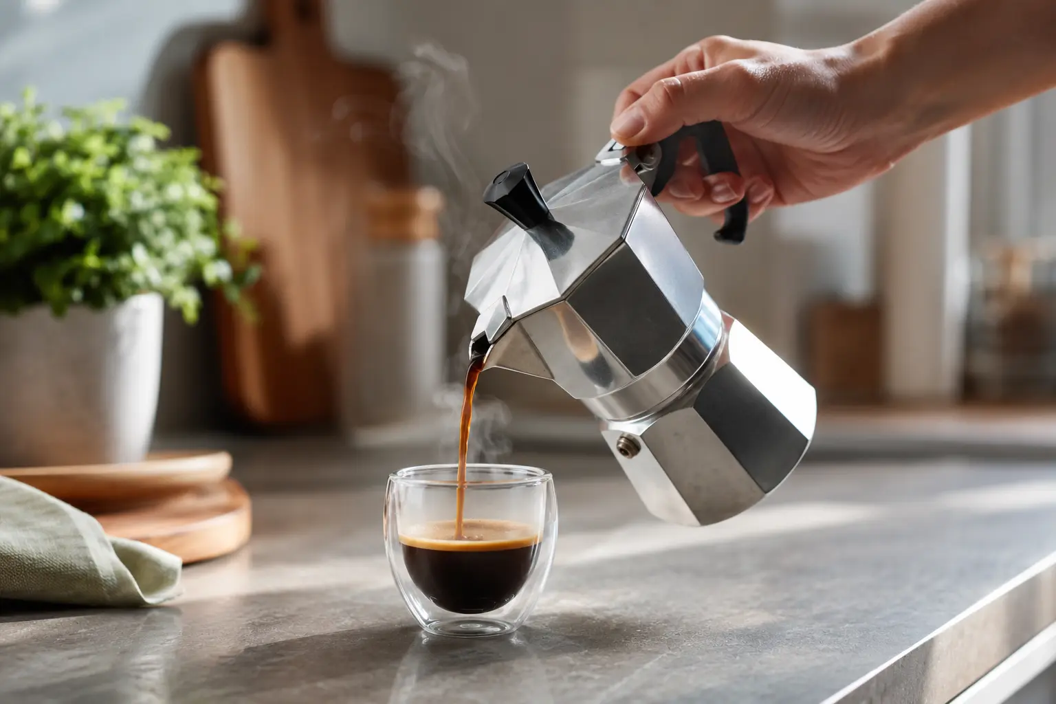 Café espresso versé dans une tasse en train de refroidir