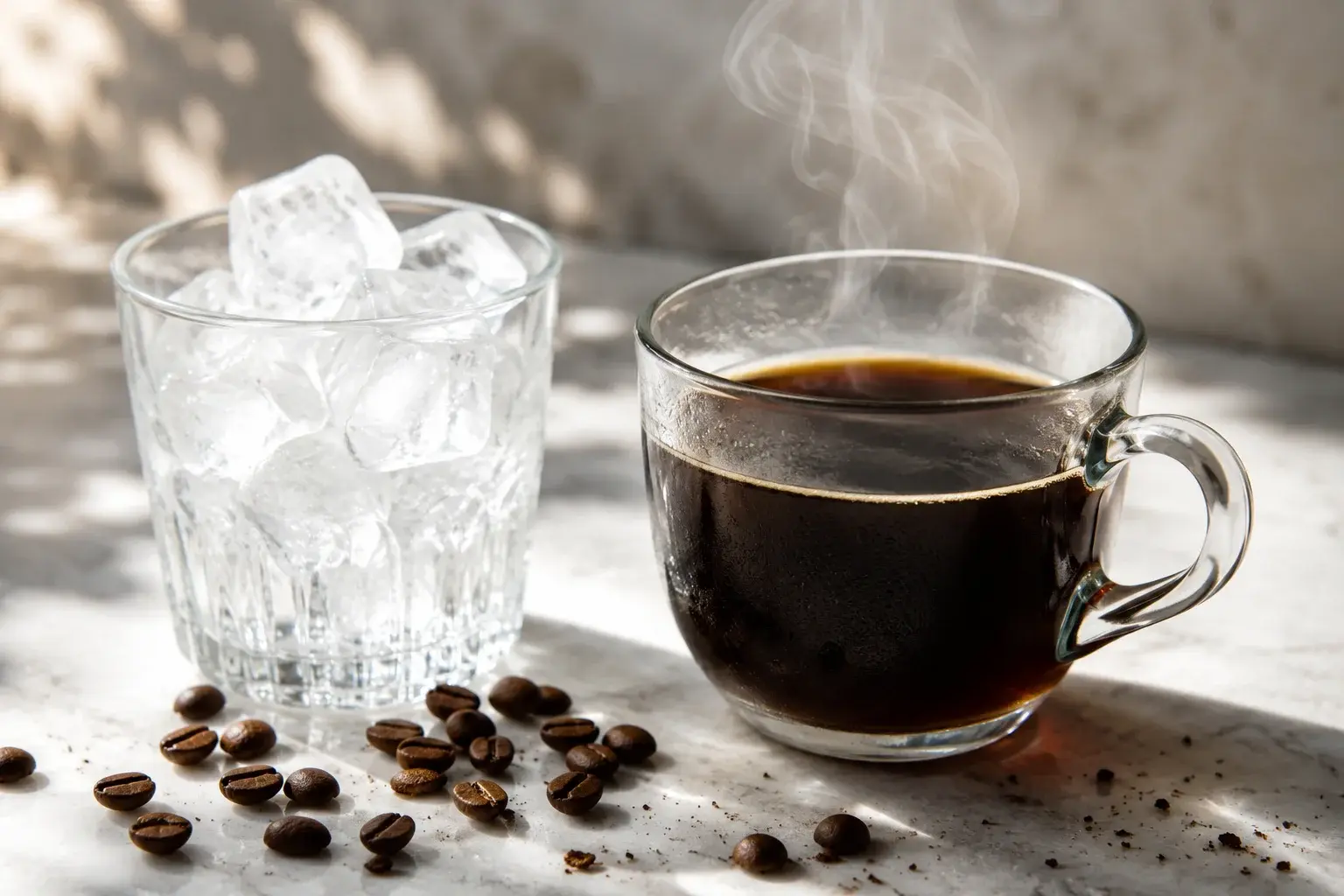 Tasse de café noir corsé en train de refroidir à côté d'un verre rempli de glaçons translucides sur un plan de travail