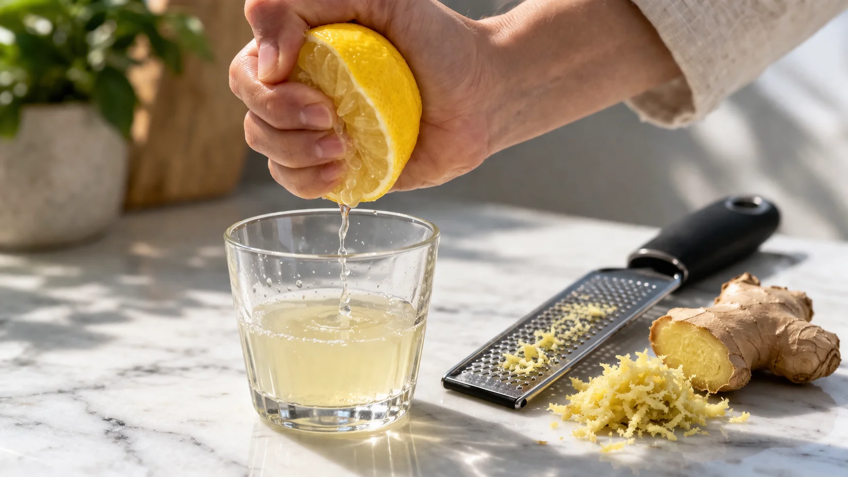 Main pressant un demi-citron jaune au-dessus d'un verre, jus coulant sur une râpe fine où repose du gingembre frais râpé, fond de marbre blanc