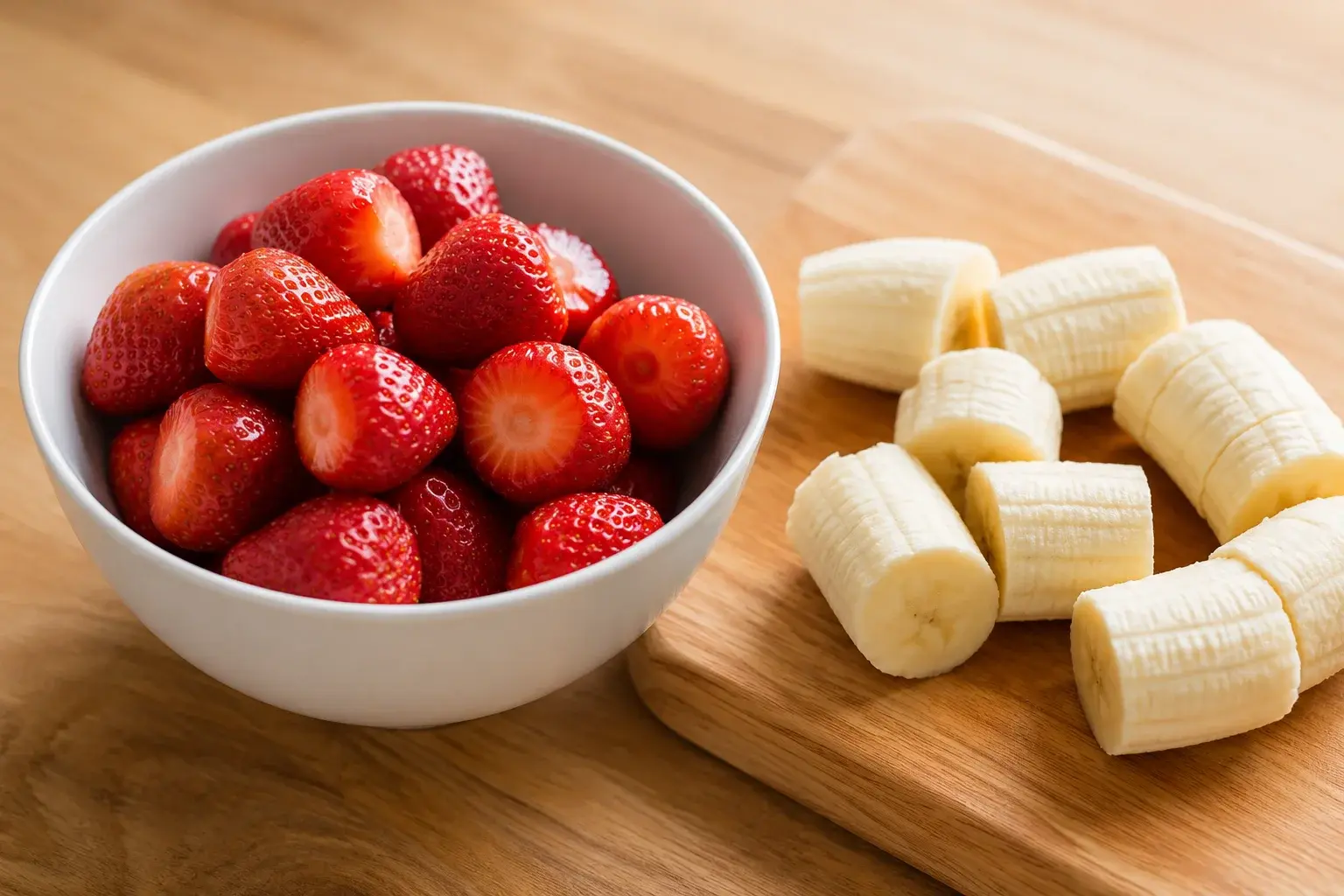 Bol de fraises rouges équeutées brillantes à côté d'une banane jaune épluchée coupée en tronçons sur une planche en bois claire