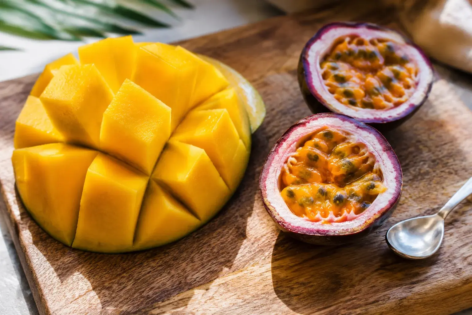 Mangue jaune-orangé coupée en dés sur une planche en bois à côté de fruits de la passion ouverts montrant leur pulpe et graines noires