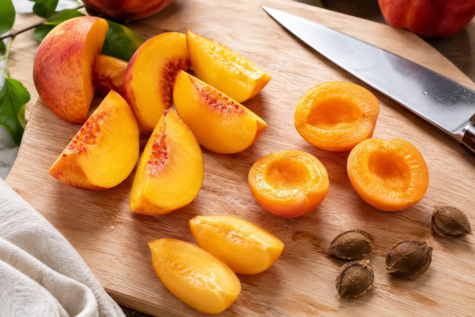 Pêches jaune-orangé coupées en quartiers et abricots oranges ouverts sur une planche en bois claire, noyaux retirés à côté