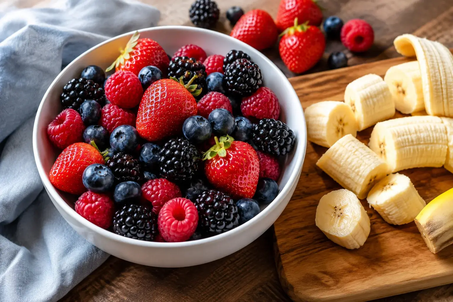 Bol avec mélange coloré de fraises rouges, framboises, myrtilles bleues et mûres noires à côté d'une banane épluchée coupée en tronçons