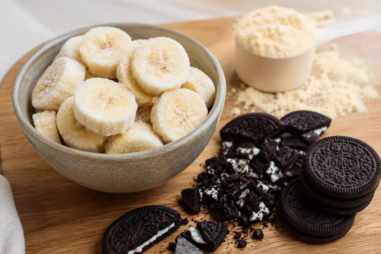 Banane congelée en rondelles dans un bol à côté de cookies type Oreo concassés grossièrement sur une planche en bois, dose de whey vanille