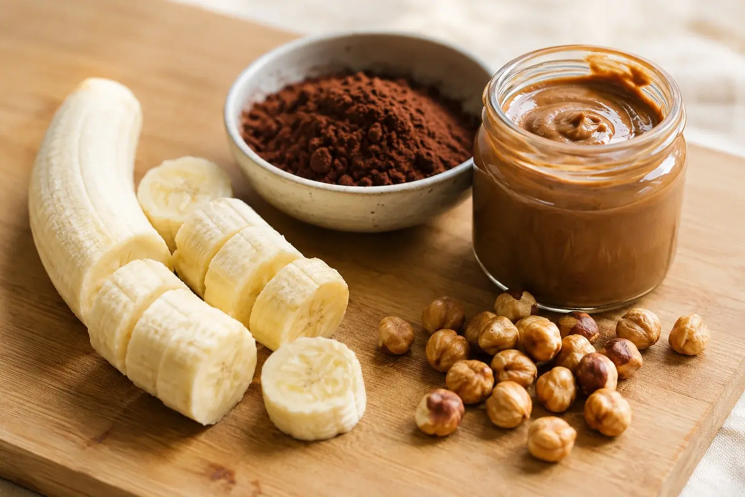 Banane épluchée en tronçons, petit bol de cacao en poudre brun foncé, purée de noisette et noisettes entières sur une planche en bois