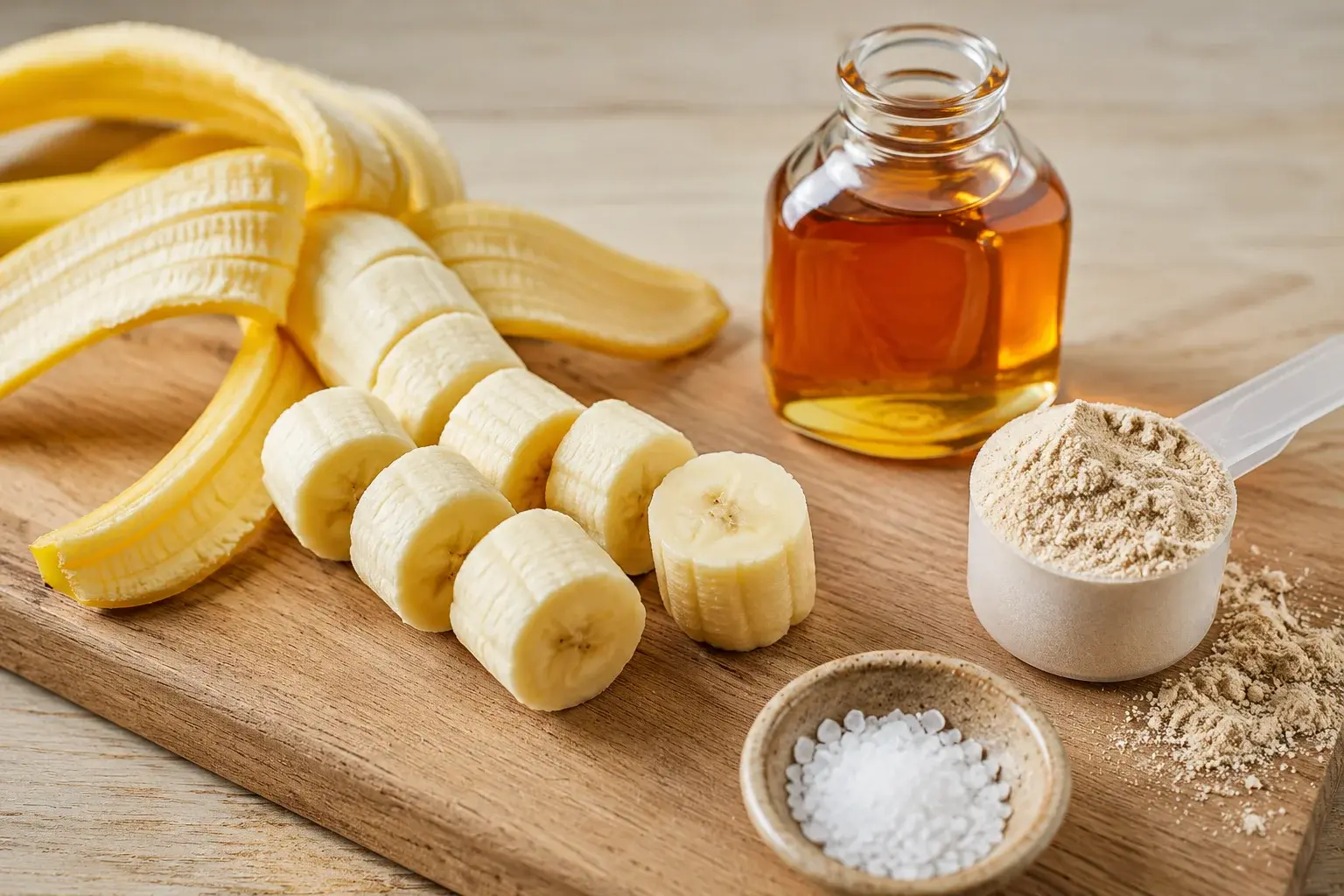 Banane jaune épluchée en tronçons sur une planche en bois à côté d'un petit flacon de sirop de caramel doré, dose de whey vanille et fleur de sel