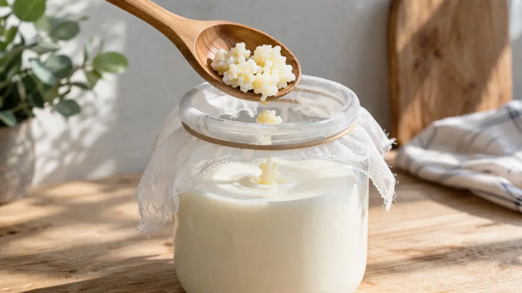 Bocal en verre transparent contenant du lait blanc et des grains de kéfir visibles en surface, recouvert d'un linge blanc maintenu par un élastique, posé sur un plan de travail en bois clair