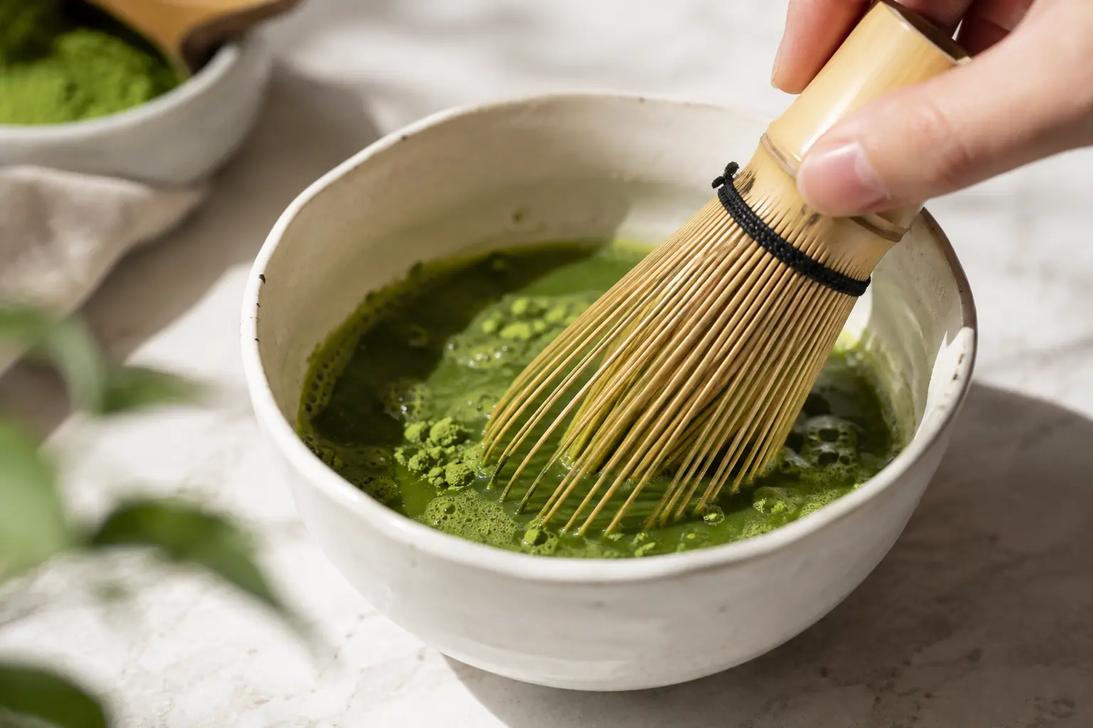 Poudre de matcha délayée dans un petit bol avec un fouet en bambou