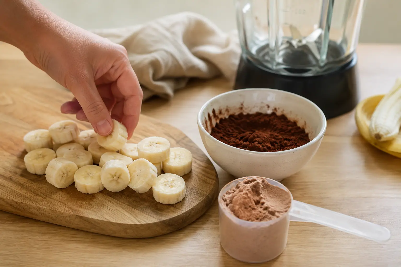 Ingrédients du milkshake banane-chocolat disposés sur un plan de travail