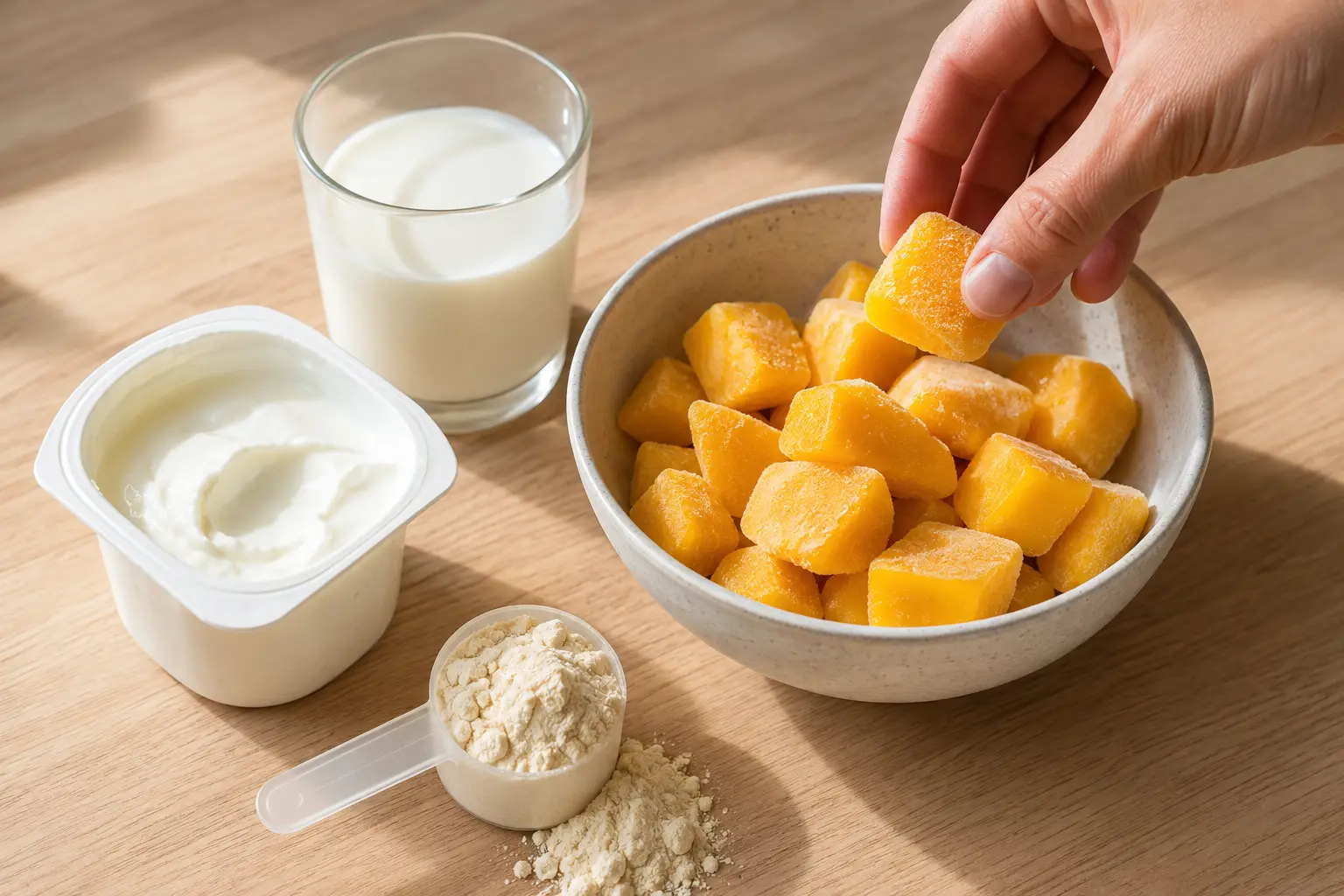 Ingrédients du milkshake mangue protéiné disposés sur un plan de travail