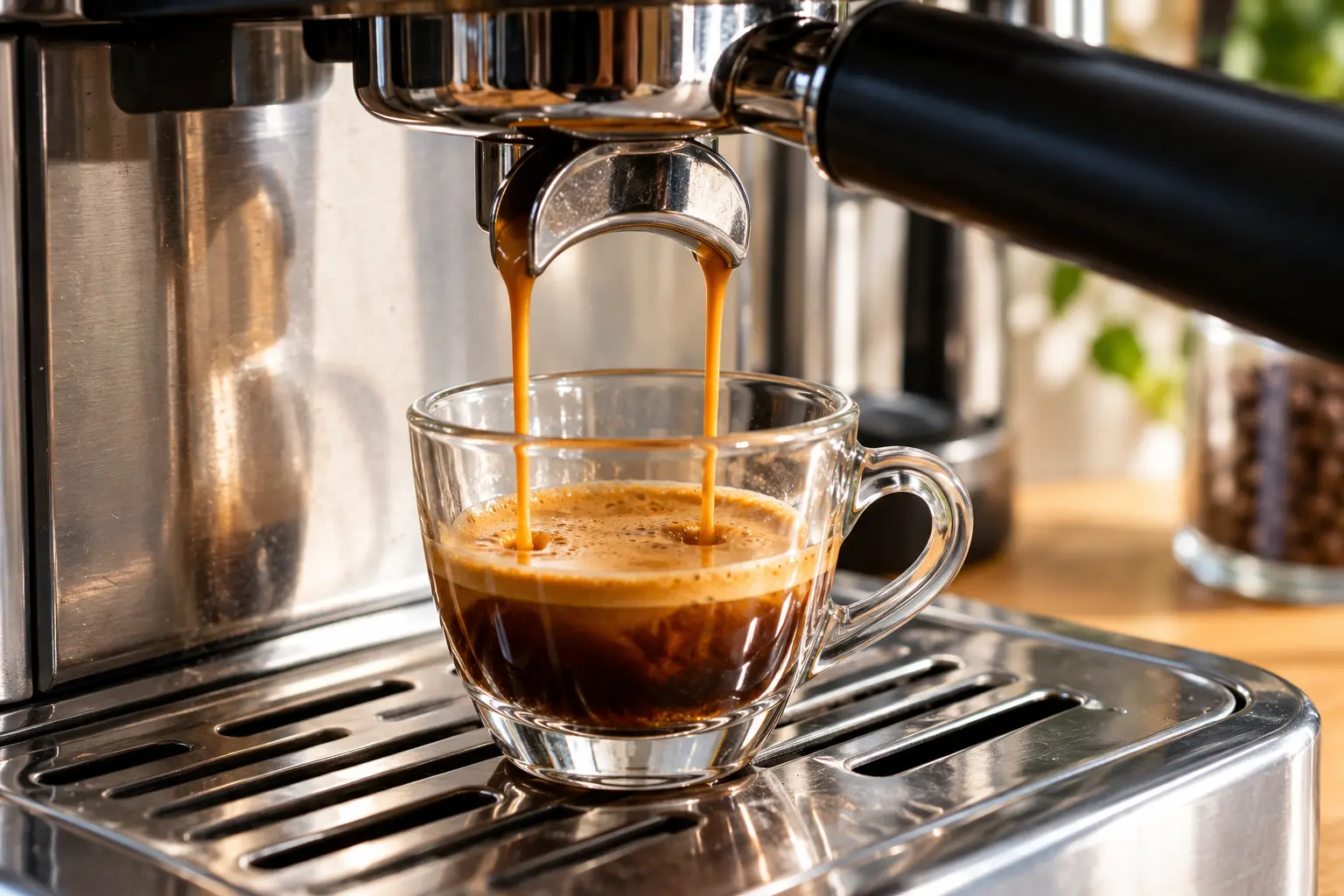 Extraction d'un double espresso dans une tasse en verre