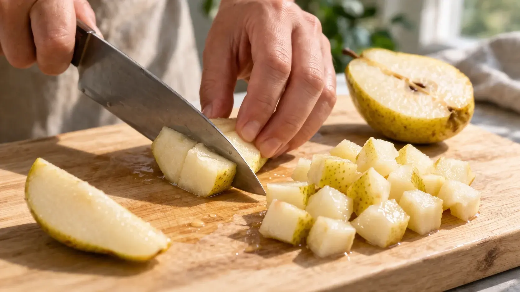 Main coupant une poire mûre en cubes sur une planche en bois clair