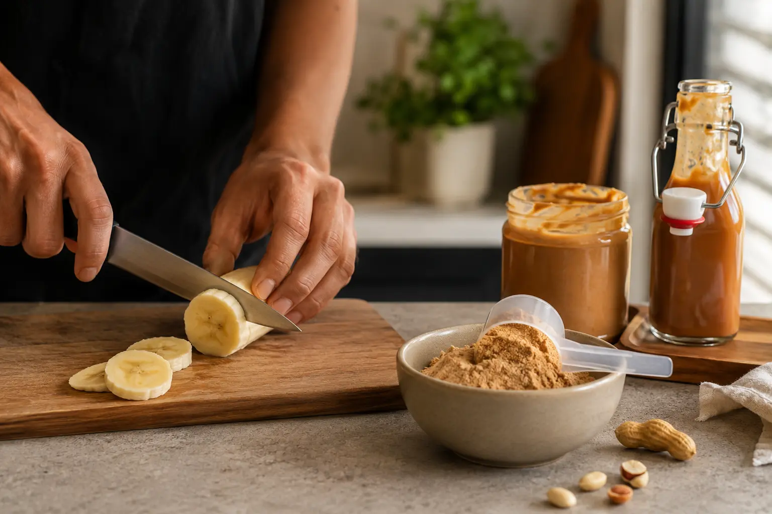 Ingrédients du shake caramel disposés sur un plan de travail : banane, whey, beurre de cacahuète et sirop