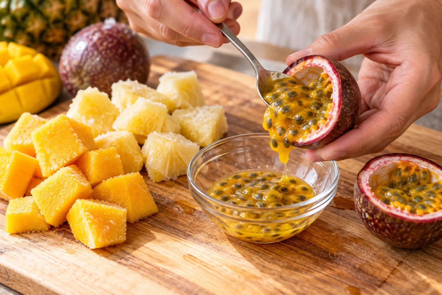 Pulpe de fruit de la passion extraite à la cuillère avec morceaux de mangue et ananas congelés