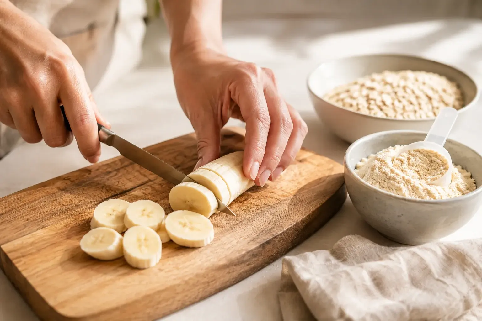 Ingrédients du shake protéiné vanille disposés sur un plan de travail : banane coupée, flocons d'avoine, scoop de whey