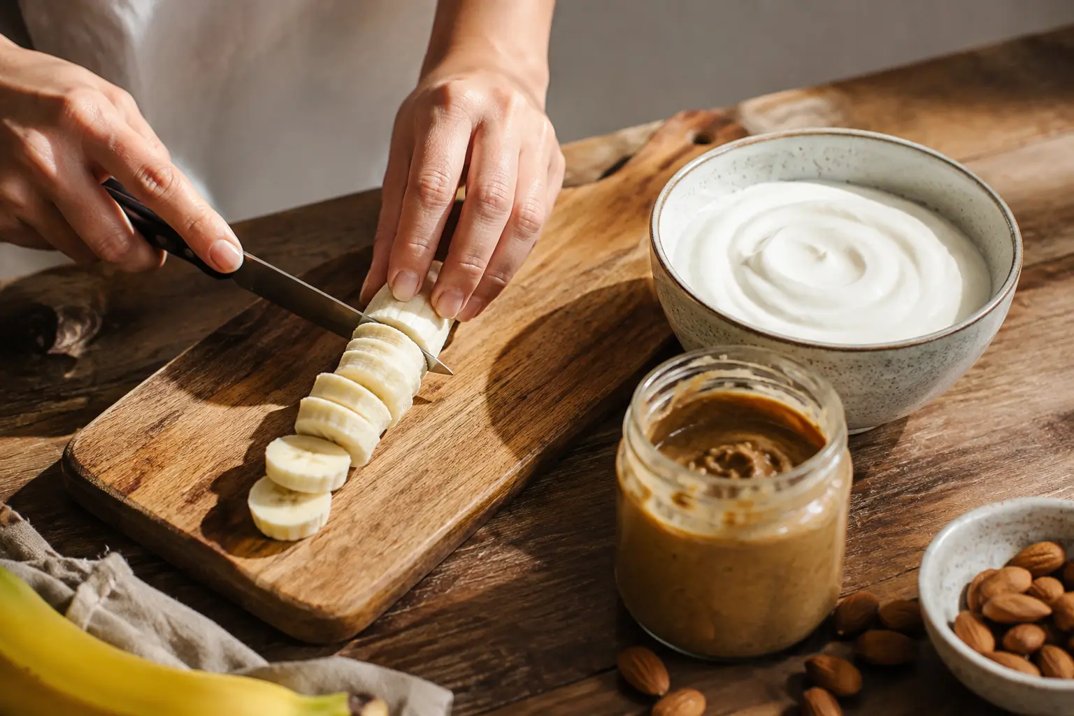 Rondelles de banane, yaourt grec et purée d'amandes disposés sur un plan de travail