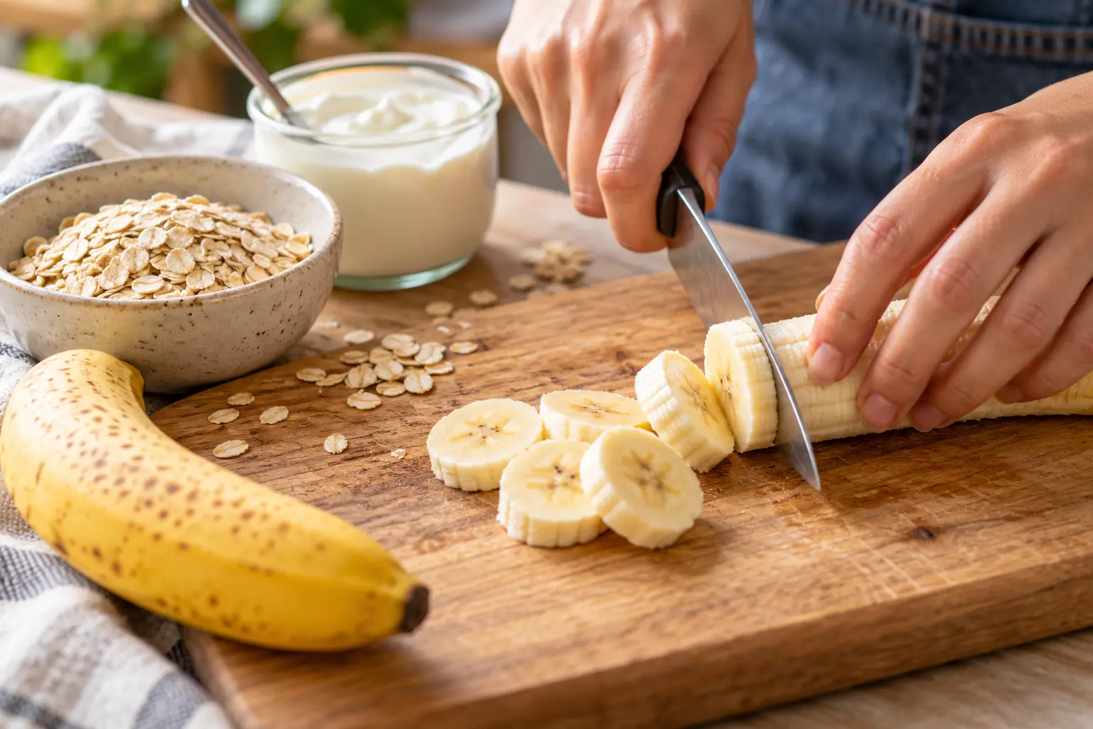 Rondelles de banane, flocons d'avoine et yaourt grec disposés sur un plan de travail