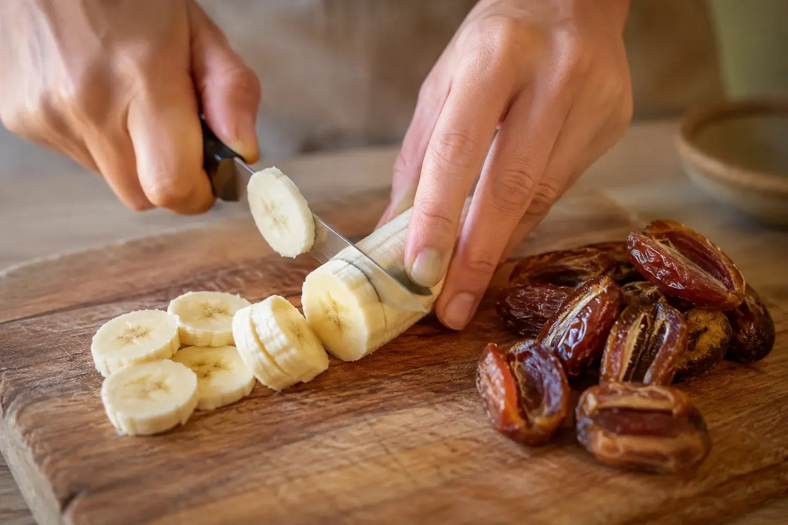 Rondelles de banane et dattes dénoyautées disposées sur une planche à découper