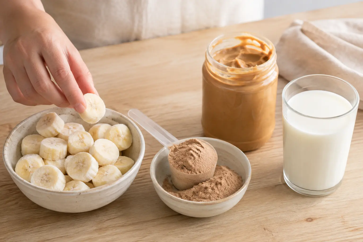 Ingrédients du smoothie caramel beurre salé disposés sur un plan de travail