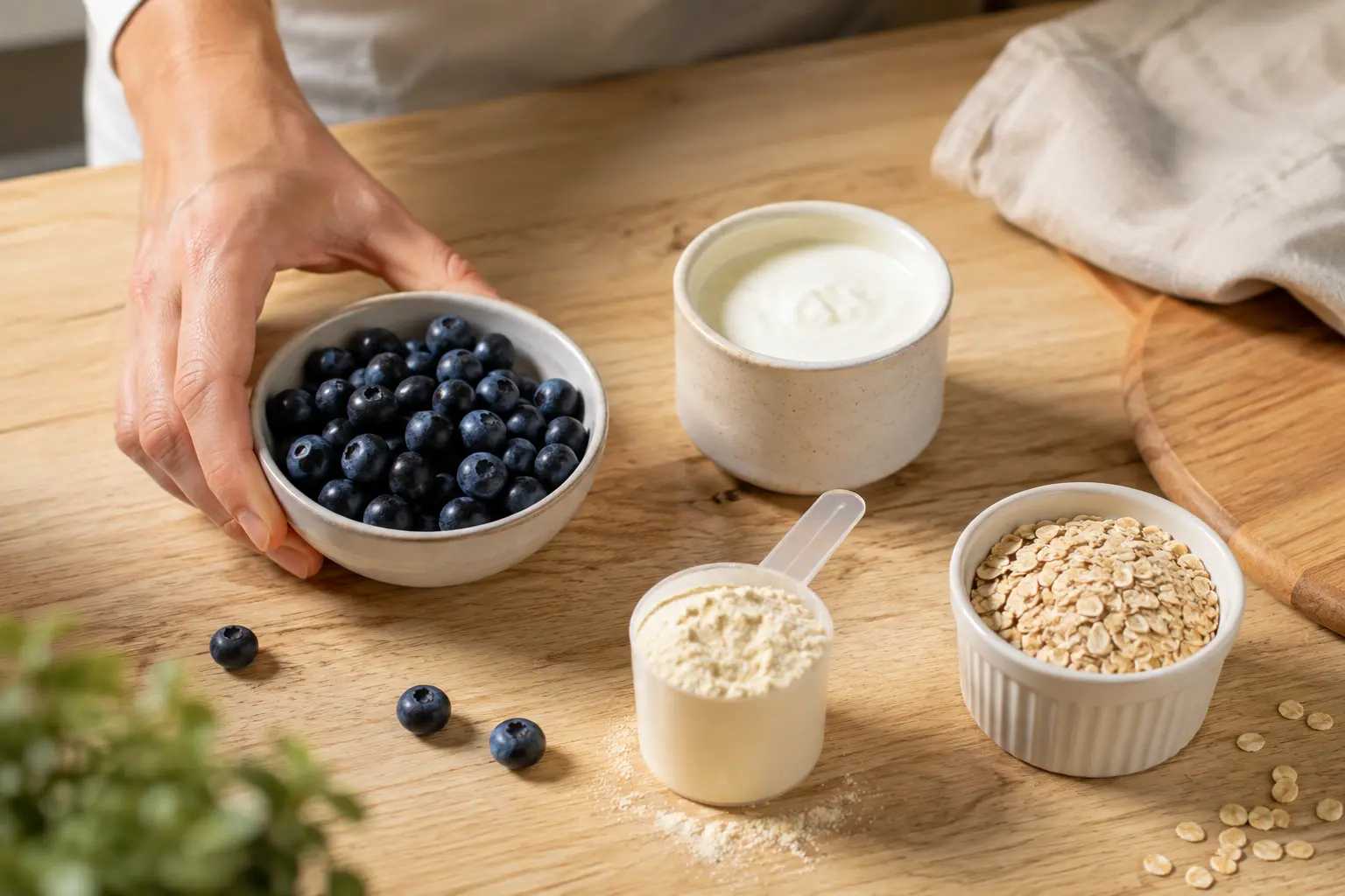 Ingrédients du smoothie cheesecake myrtilles disposés sur un plan de travail : fromage blanc, myrtilles, whey, flocons d'avoine