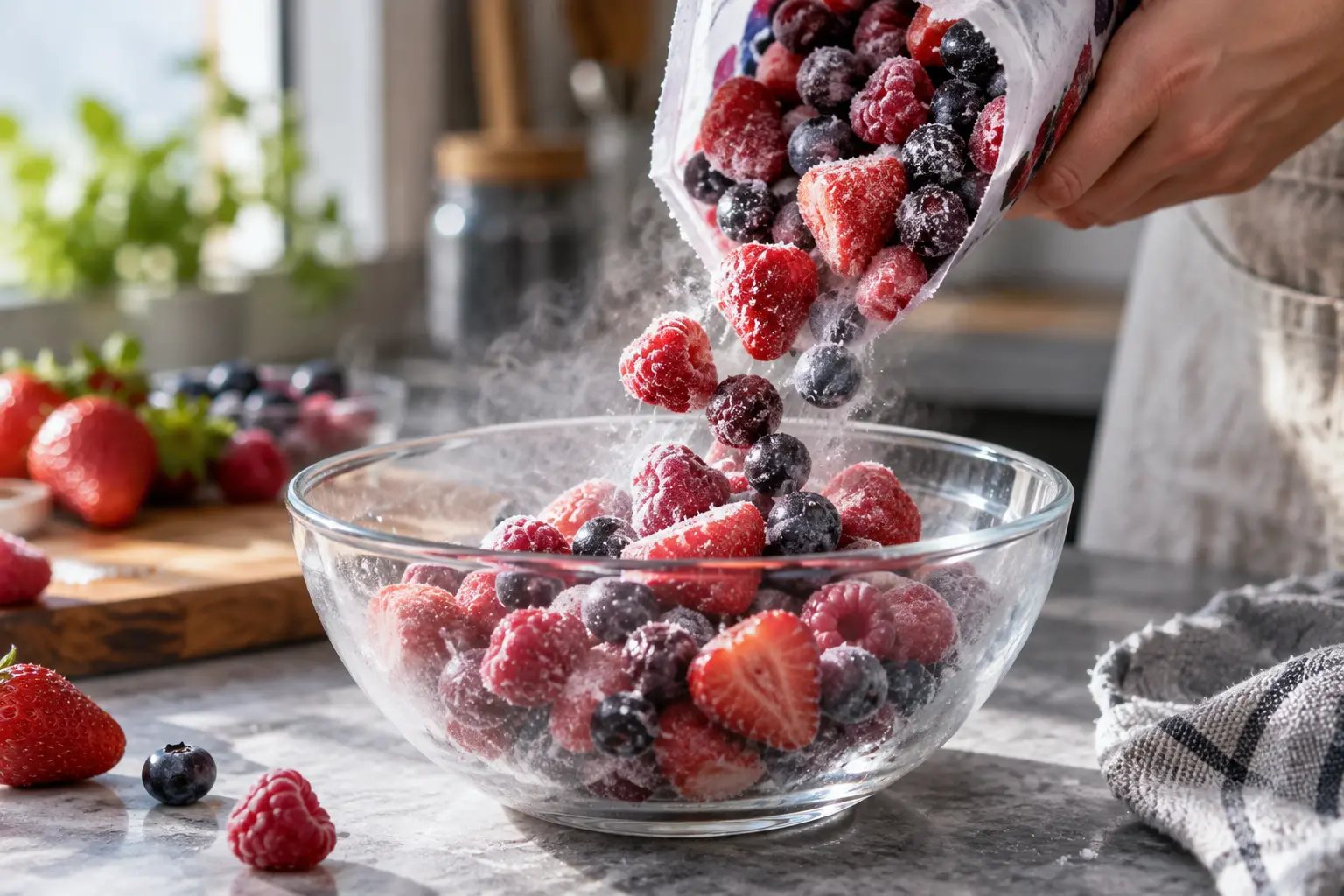 Fraises, framboises et myrtilles surgelées disposées dans un bol avant mixage