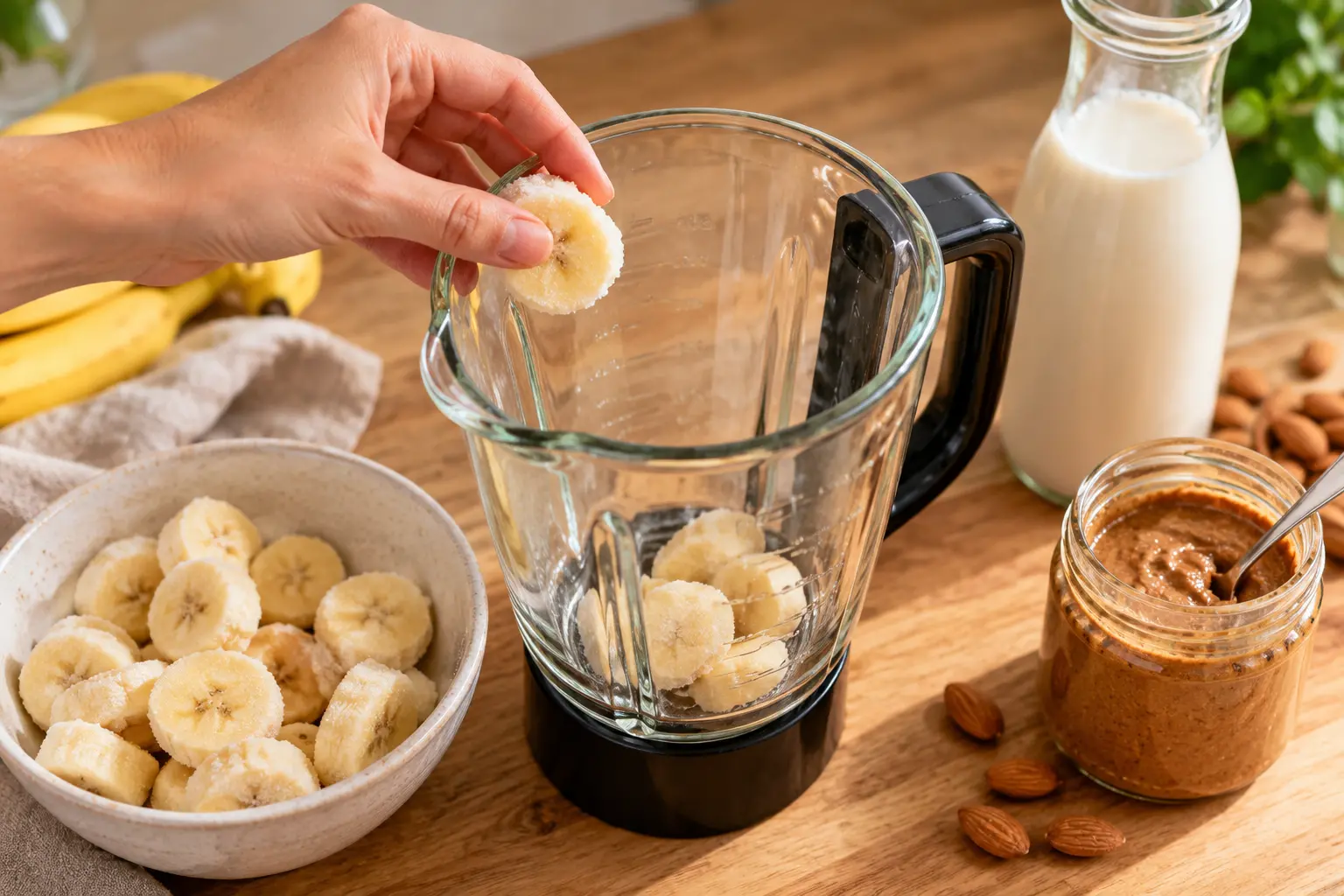 Ingrédients du smoothie vanille-amande disposés sur un plan de travail : banane, lait d'amande, beurre d'amande et whey