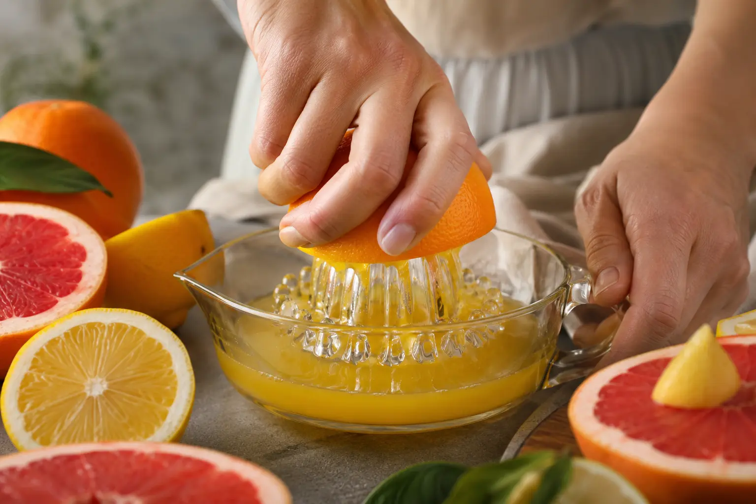 Mains pressant une orange et un pamplemousse pour le pré-workout agrumes