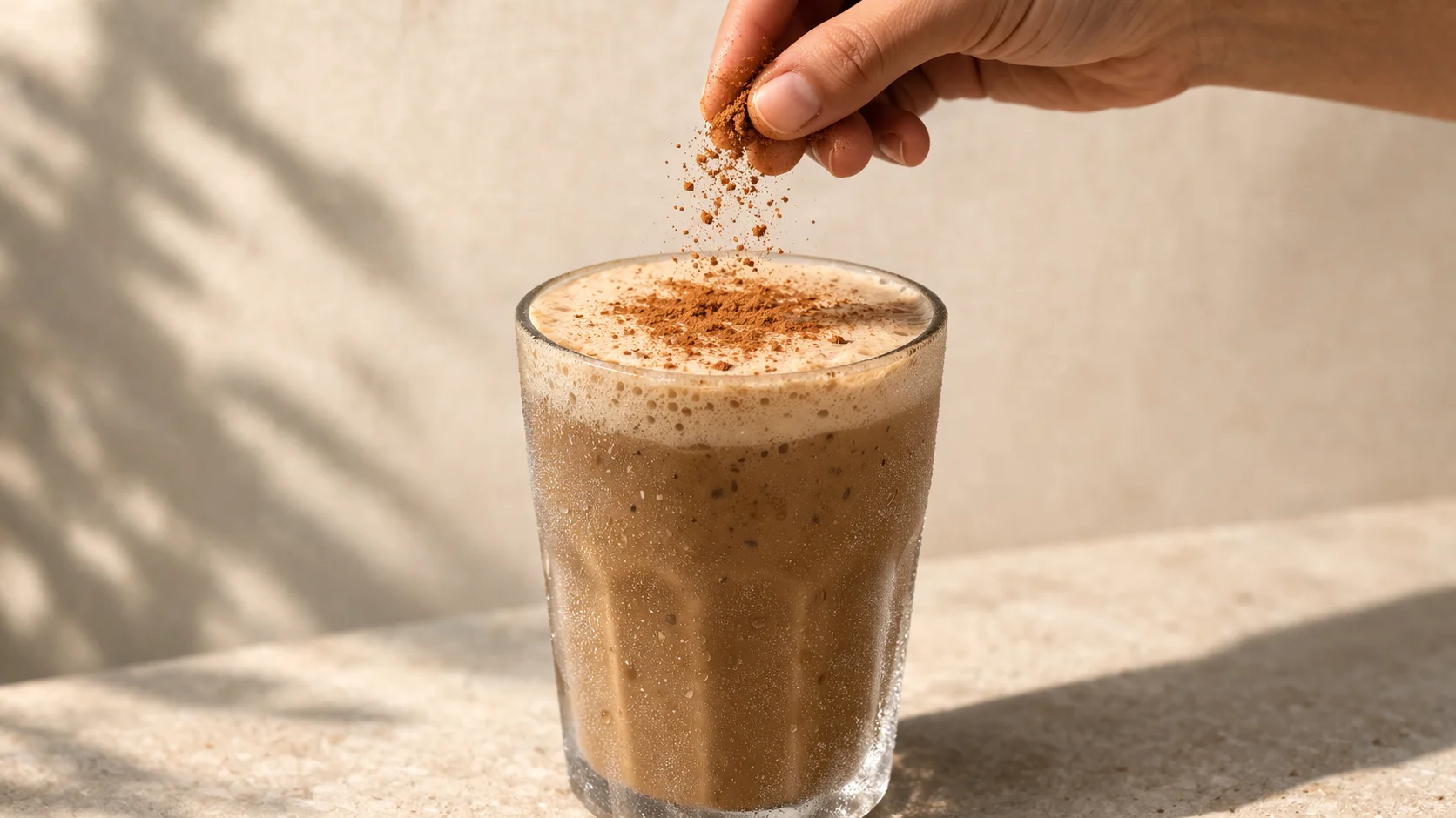 Boisson énergisante café-guarana protéinée servie dans un grand verre avec mousse et grains de café en décoration