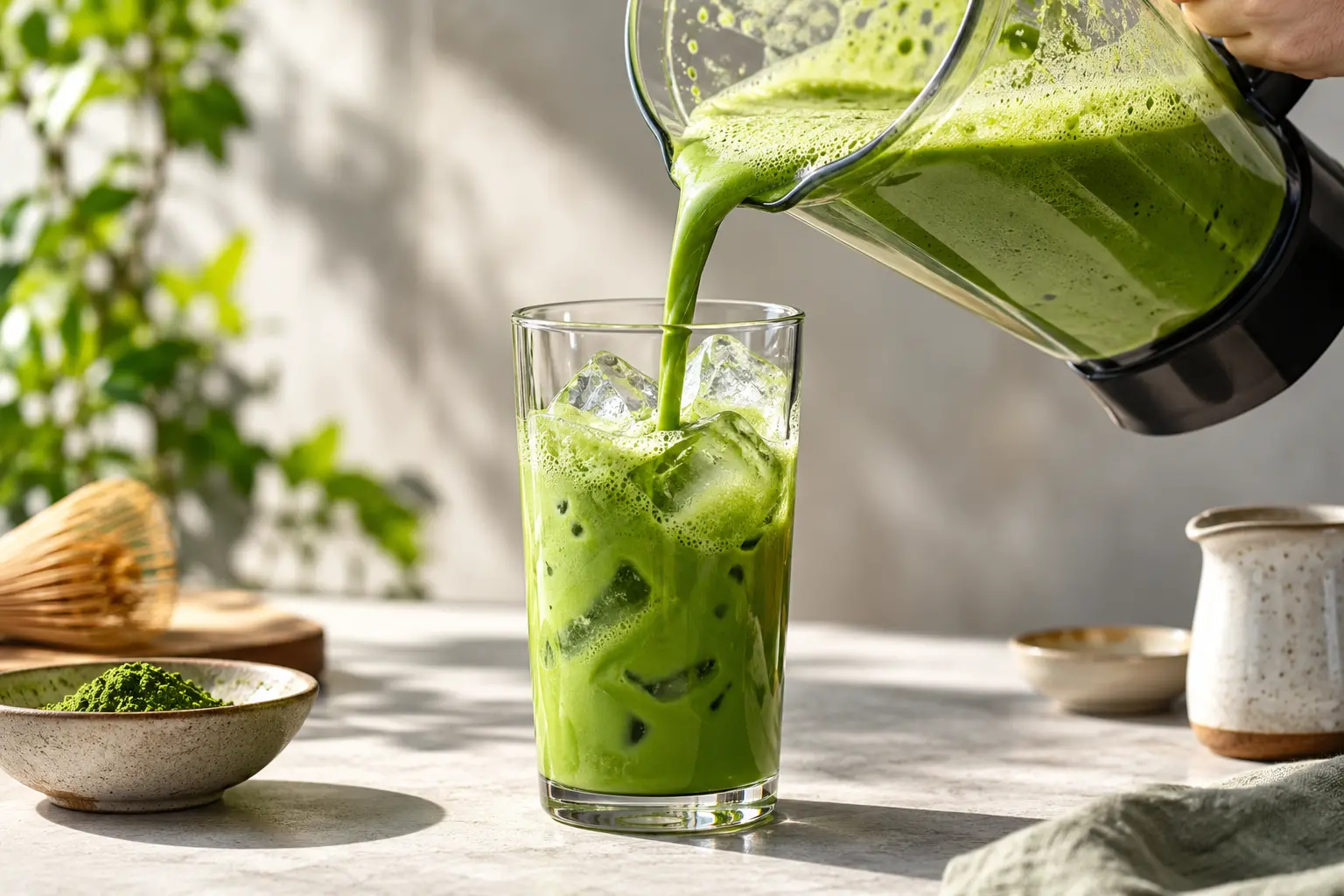 Boisson énergisante matcha protéinée versée dans un verre avec glaçons