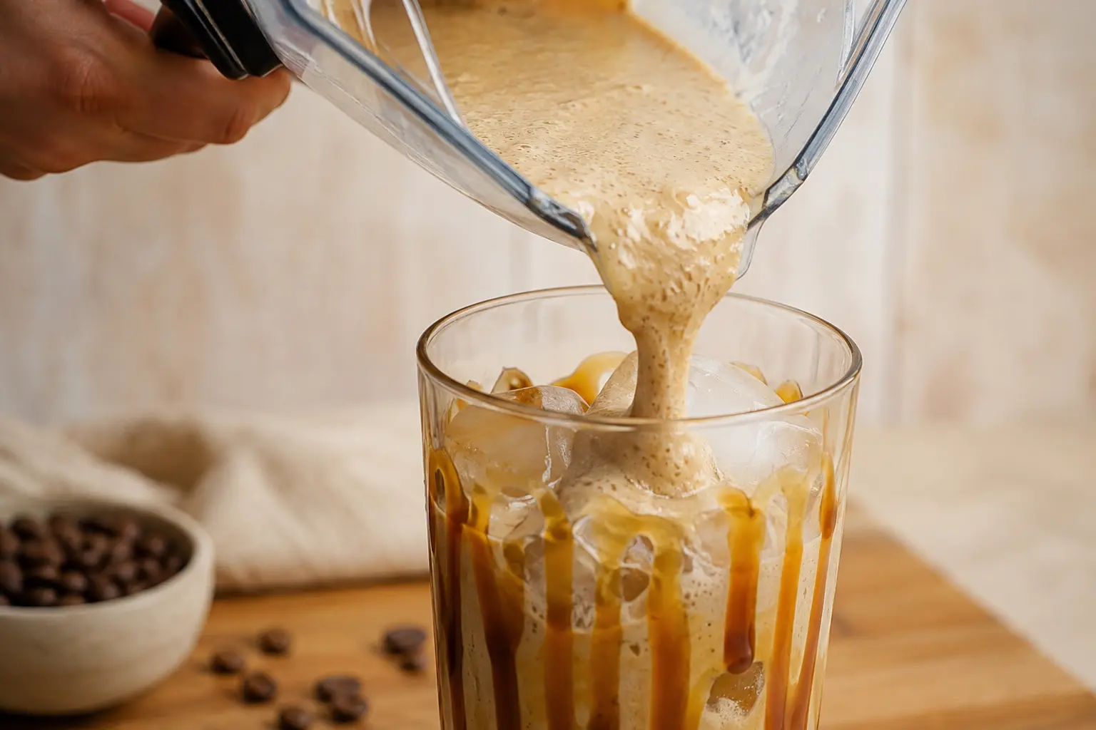 Café glacé caramel protéiné versé dans un grand verre avec un filet de caramel sur la paroi