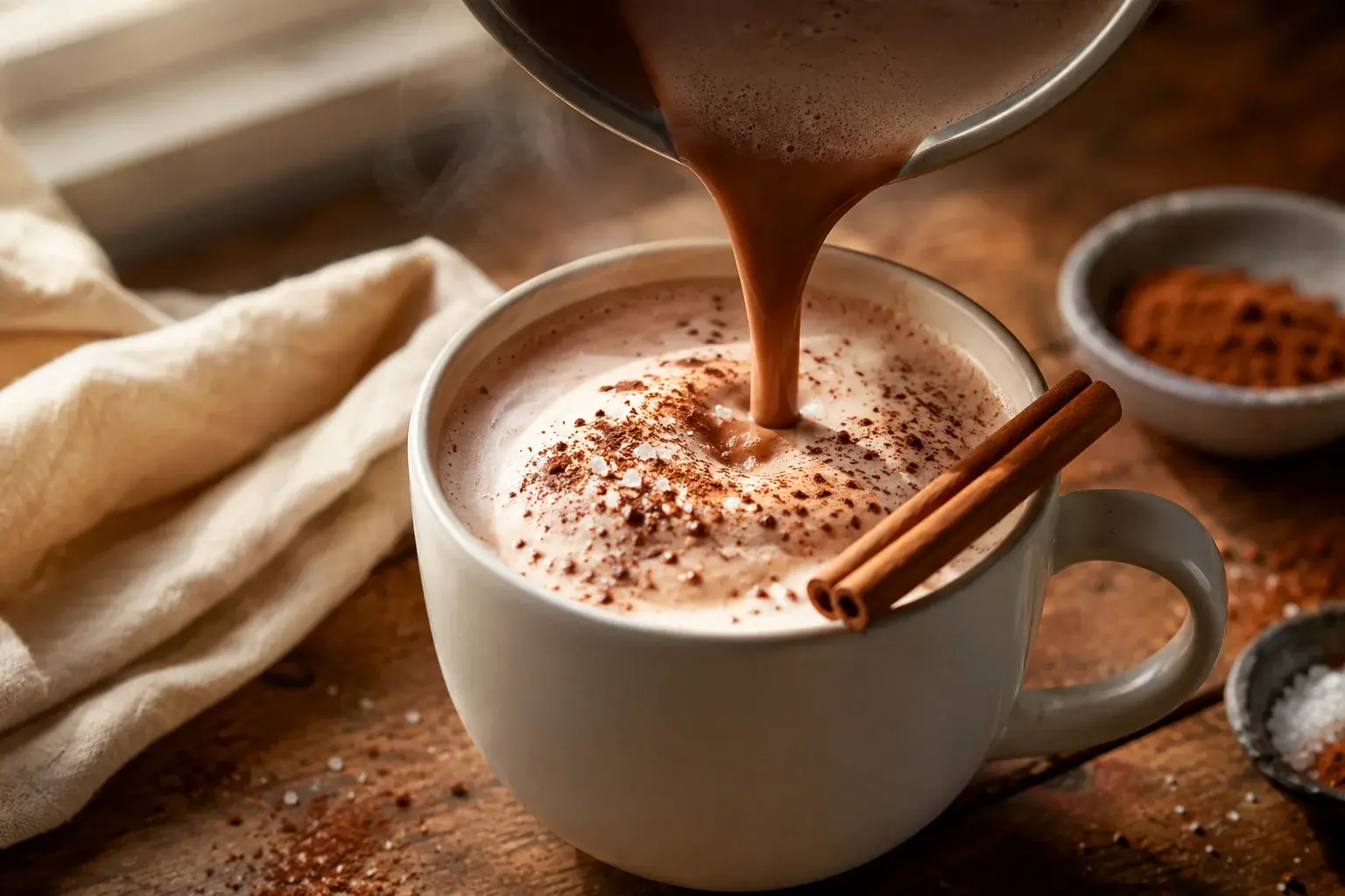 Chocolat chaud caramel versé dans un mug en céramique avec mousse de lait crémeuse sur le dessus saupoudrée de cacao et fleur de sel, bâton de cannelle posé