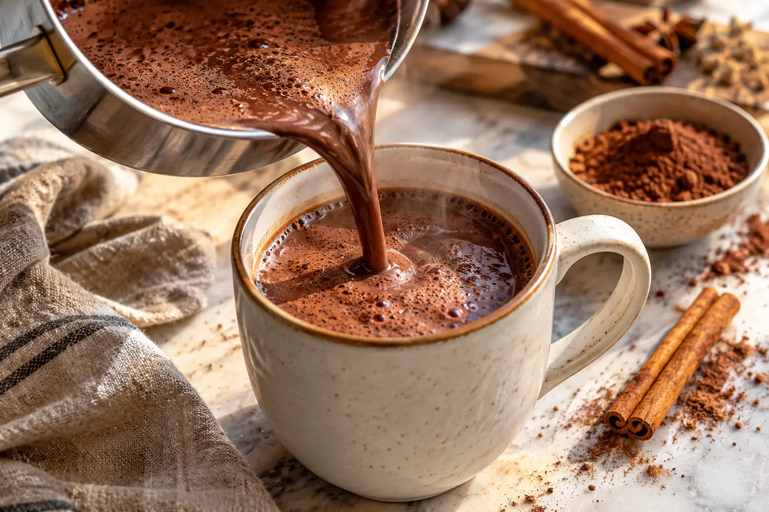 Chocolat chaud épicé protéiné versé dans un mug avec garniture de cacao