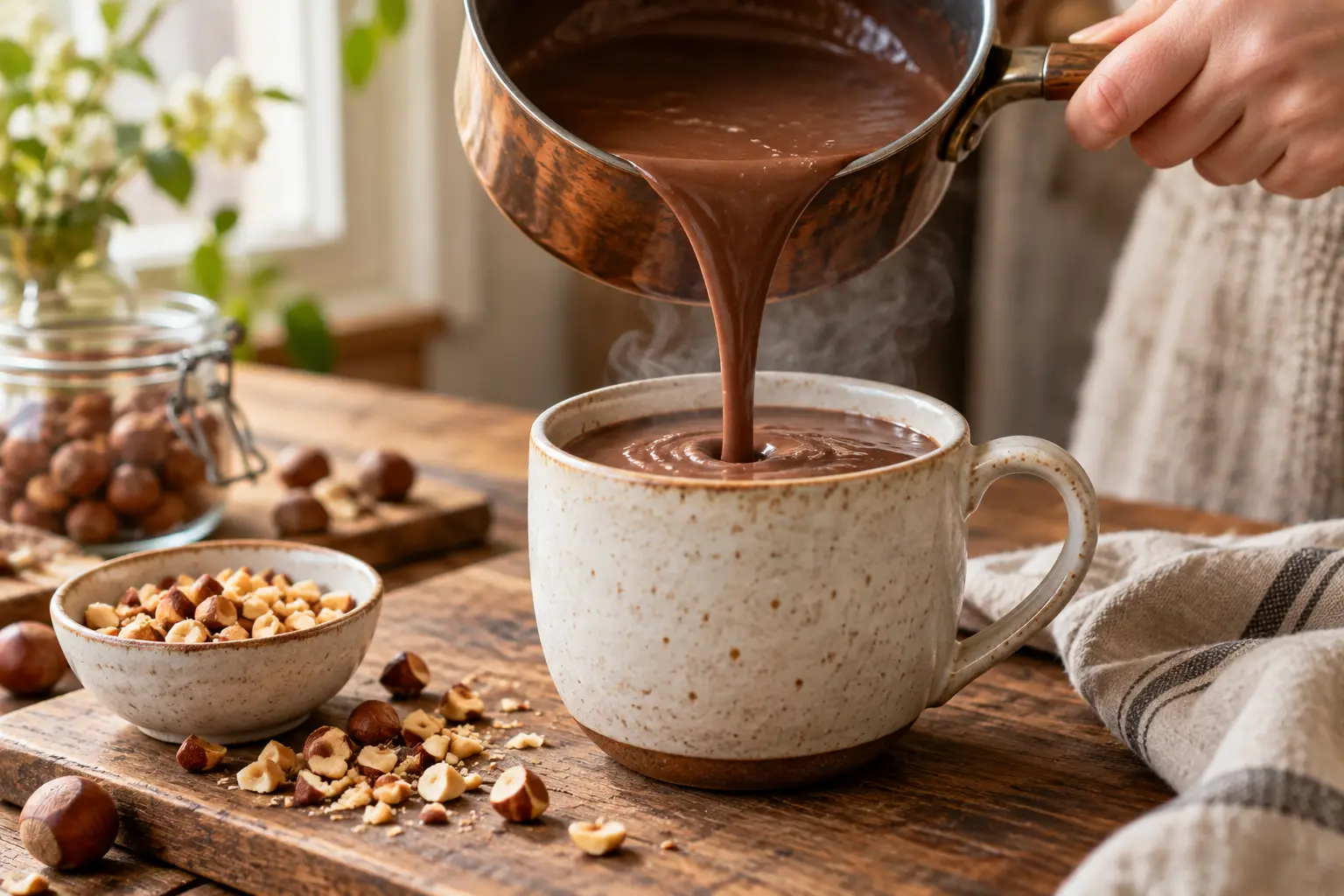 Chocolat chaud noisette protéiné versé dans un mug avec éclats de noisettes sur le dessus
