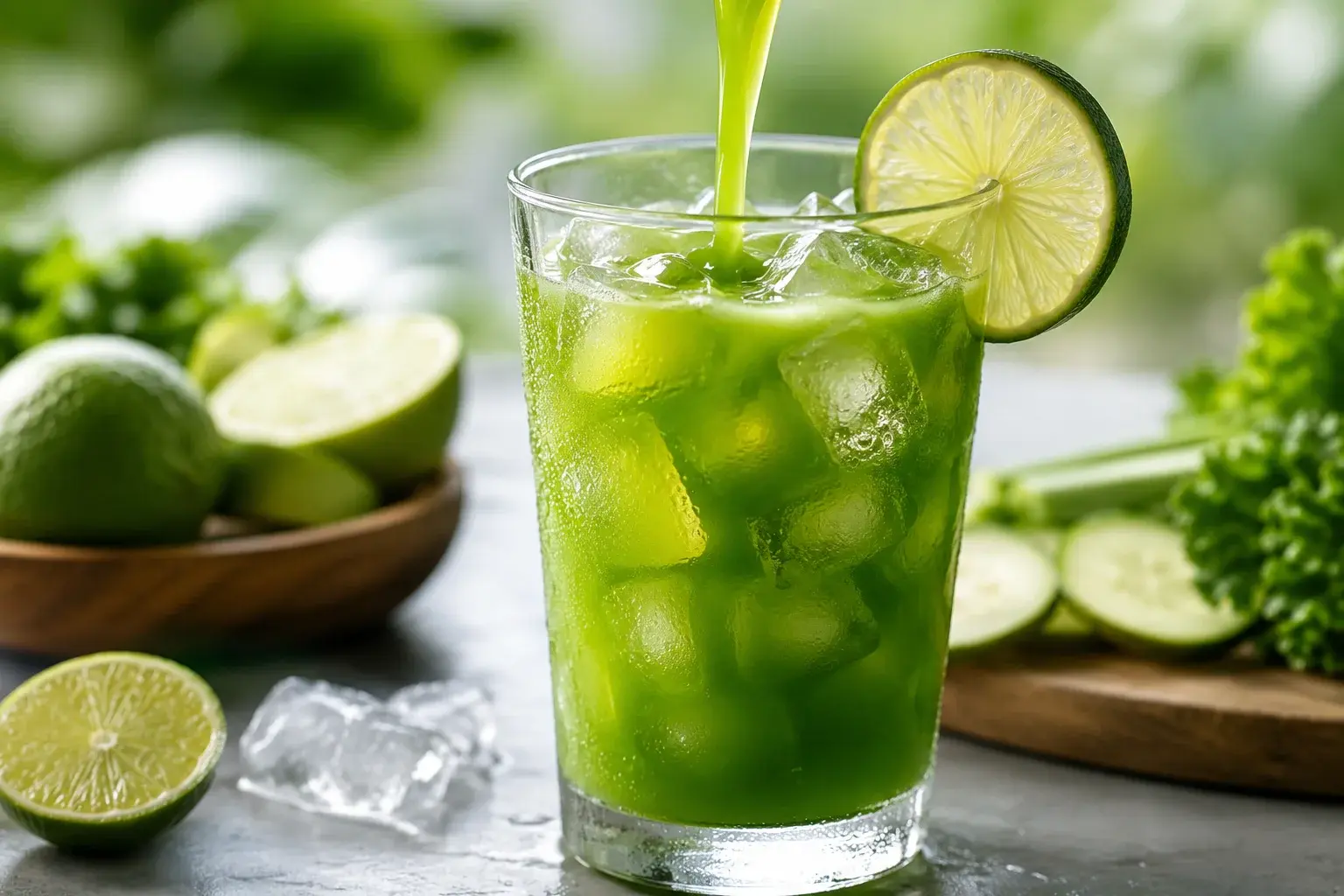 Jus vert vif versé dans un grand verre transparent rempli de glaçons translucides, rondelle de citron vert sur le bord du verre
